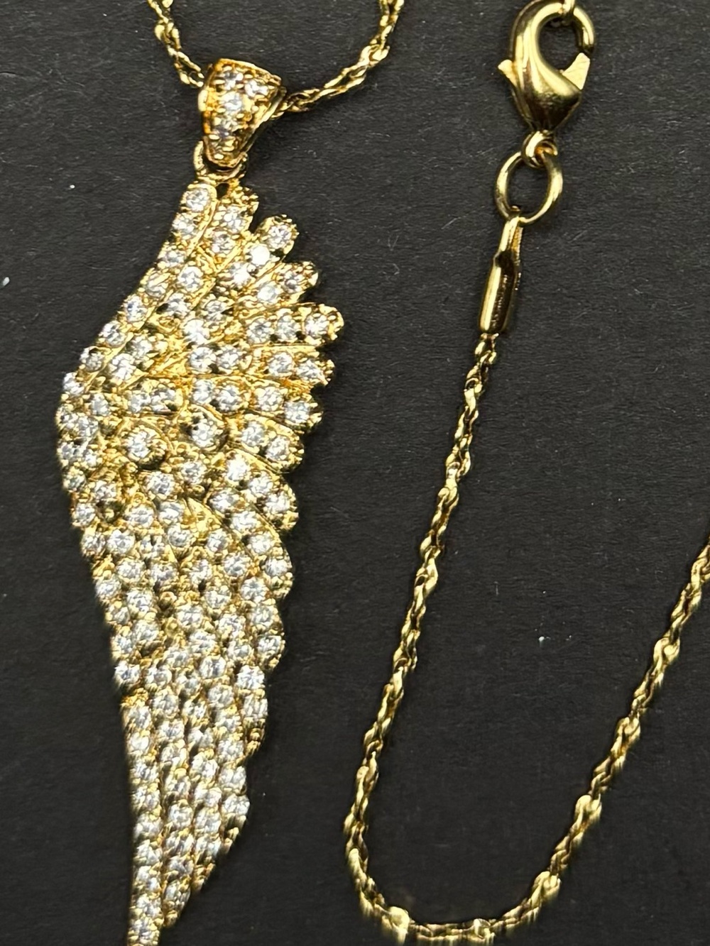 Gold Tone Pave CZ Iced Angel Wing Pendant Necklace Twisted Rope Chain Guardian